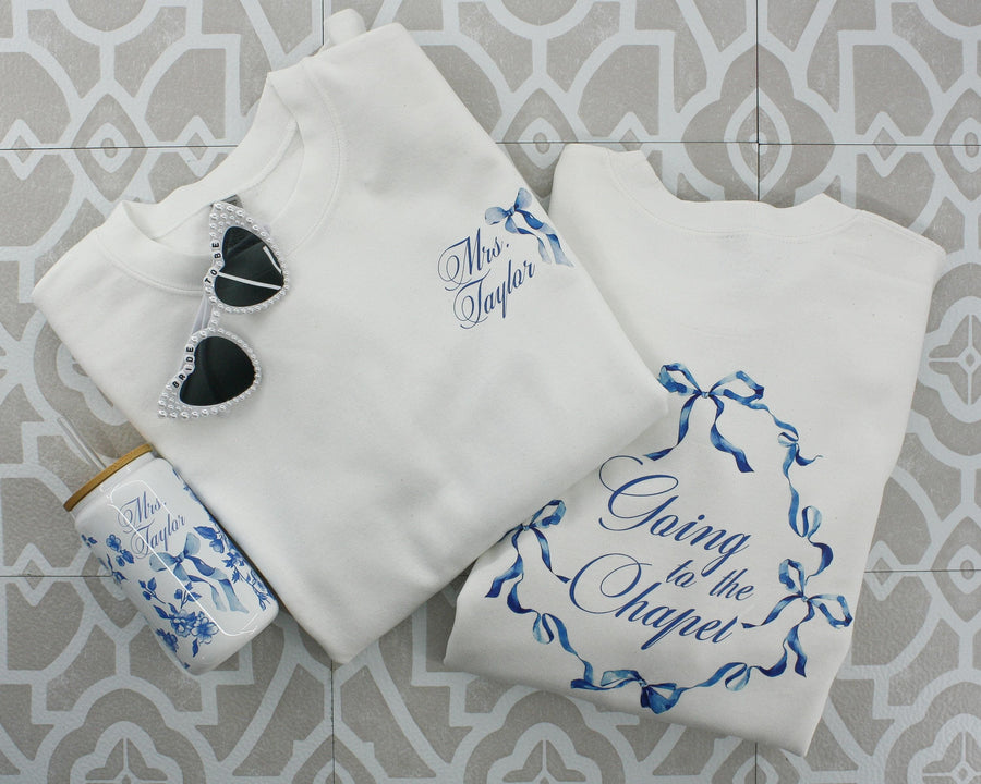 Bride to be Crew neck, Going to the chapel personalized last name sweatshirt, Something Blue Gift for the future mrs, Coquette French Toile