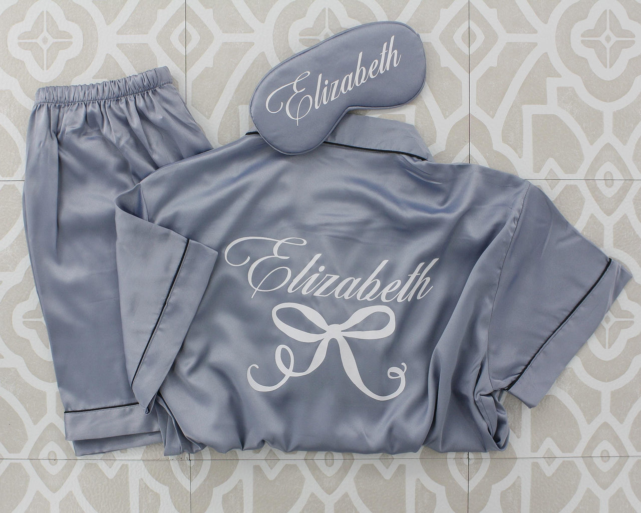 Personalized Bride Getting Ready Pj Short + sleepmask Set, Coquette bow Bridesmaid PJ's, French Toile Pajama Set, Mrs Pajamas, Monogram PJ's