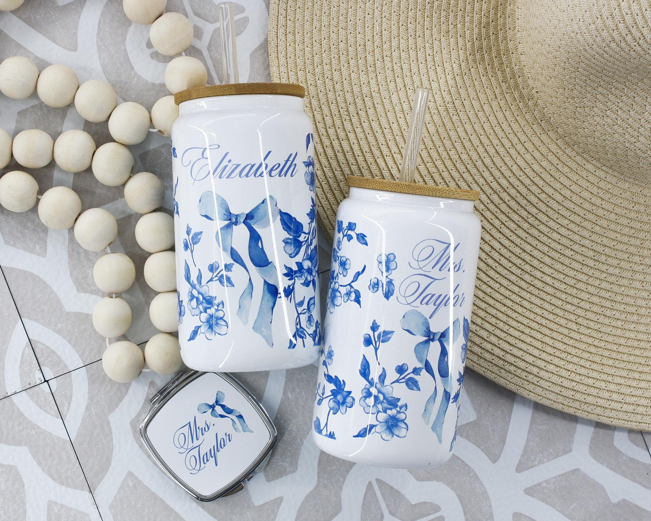 Personalized Coquette Glass Ice Coffee Cup, French Toile with Bow tumbler, Something Blue for Bride and Bridesmaids Gifts, Unique Proposal
