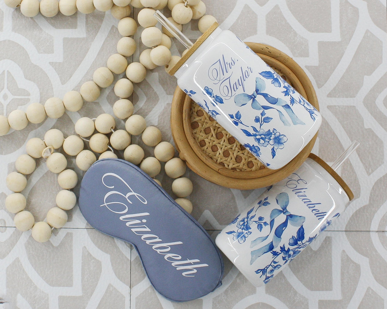 Personalized Coquette Glass Ice Coffee Cup, French Toile with Bow tumbler, Something Blue for Bride and Bridesmaids Gifts, Unique Proposal