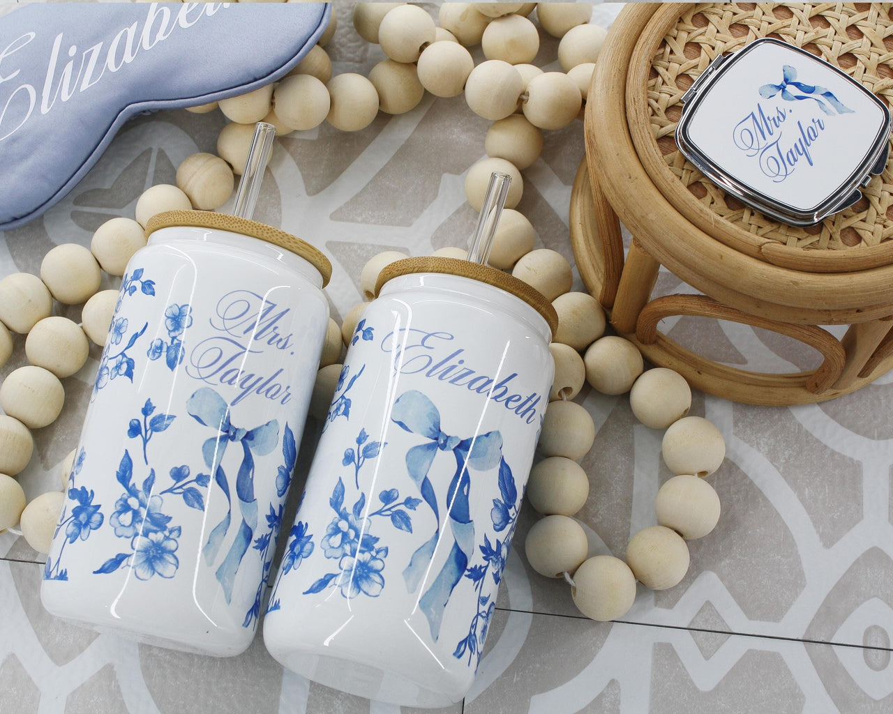 Personalized Coquette Glass Ice Coffee Cup, French Toile with Bow tumbler, Something Blue for Bride and Bridesmaids Gifts, Unique Proposal