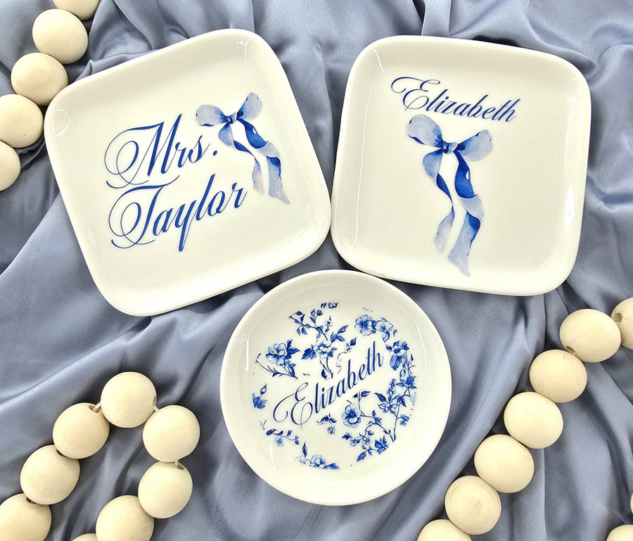 Personalized French toile ring dish with custom name