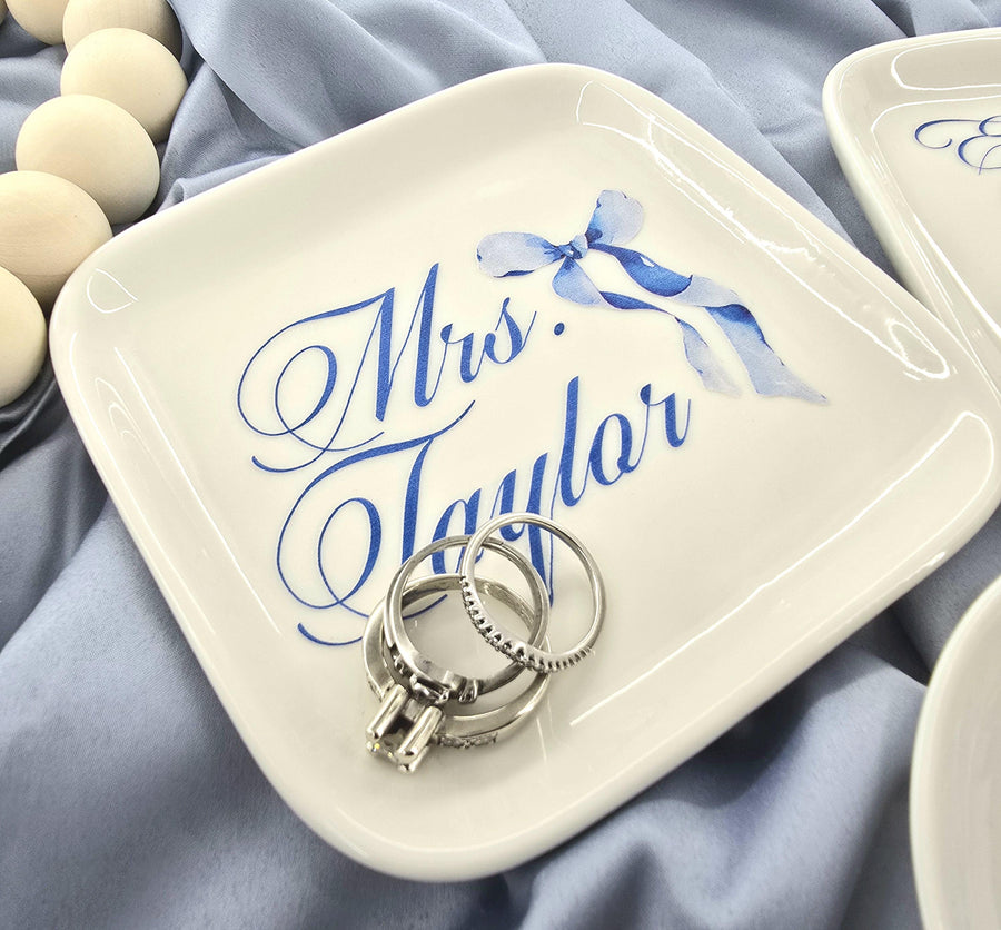 Custom dusty blue toile trinket dish with bow