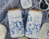 Thumbnail for Personalized Coquette Glass Ice Coffee Cup, French Toile with Bow tumbler, Something Blue for Bride and Bridesmaids Gifts, Unique Proposal