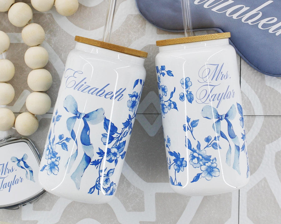 Personalized Coquette Glass Ice Coffee Cup, French Toile with Bow tumbler, Something Blue for Bride and Bridesmaids Gifts, Unique Proposal