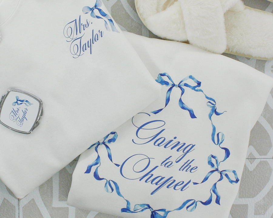 Bride to be Crew neck, Going to the chapel personalized last name sweatshirt, Something Blue Gift for the future mrs, Coquette French Toile