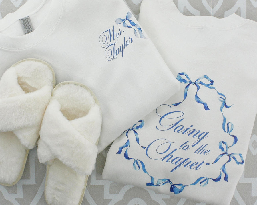 Bride to be Crew neck, Going to the chapel personalized last name sweatshirt, Something Blue Gift for the future mrs, Coquette French Toile