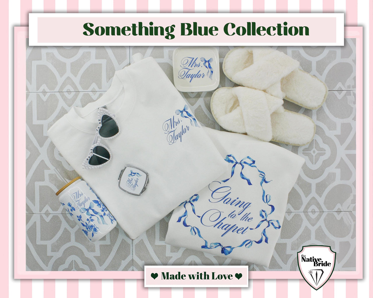 Personalized Coquette Glass Ice Coffee Cup, French Toile with Bow tumbler, Something Blue for Bride and Bridesmaids Gifts, Unique Proposal
