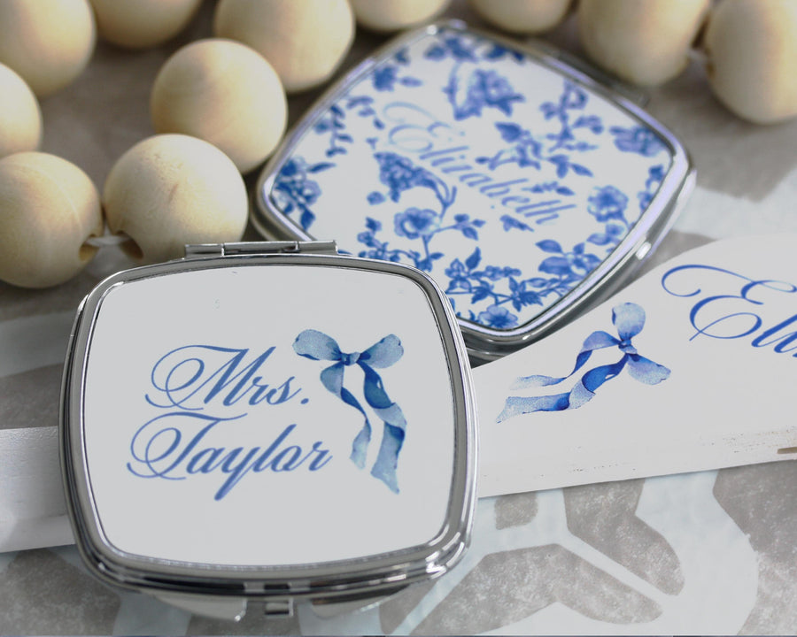 Personalized coquette bow compact mirror, french toile print custom pocket mirror, something blue, Bridesmaid Gifts, bridal shower gift
