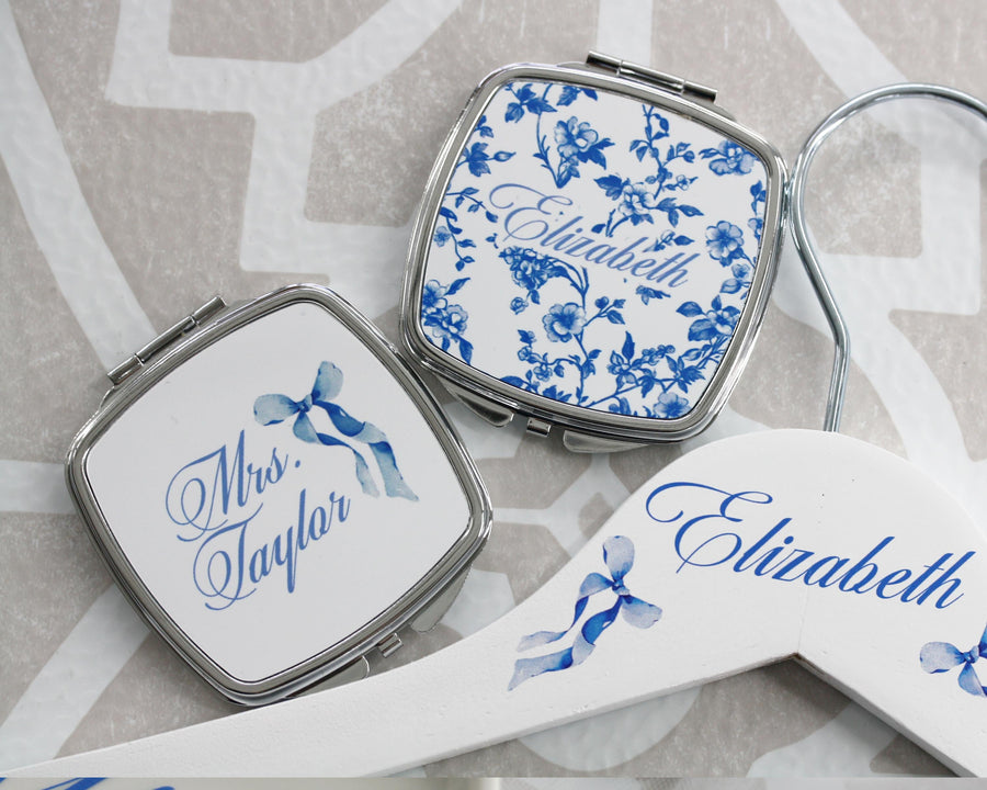 Personalized coquette bow compact mirror, french toile print custom pocket mirror, something blue, Bridesmaid Gifts, bridal shower gift