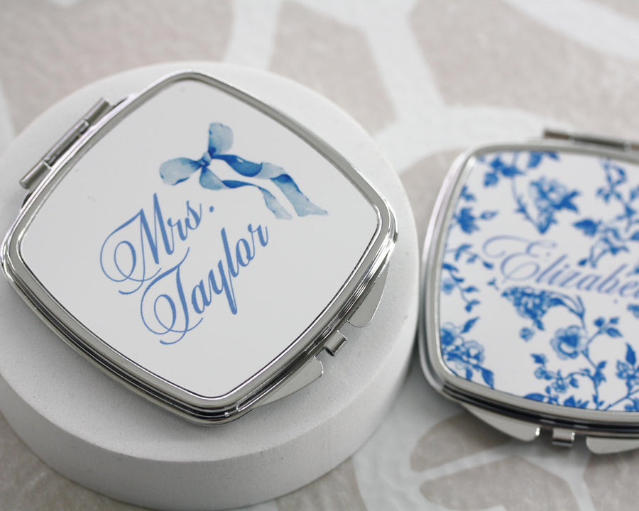 Personalized coquette bow compact mirror, french toile print custom pocket mirror, something blue, Bridesmaid Gifts, bridal shower gift
