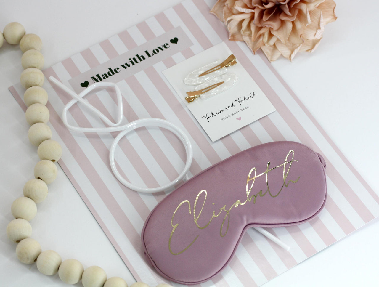 Girls Gone Mild Bachelorette Party Sleepover Gift Set with Personalized Sleep Mask, To Have and To Hold Clip Set and White Diamond Straw