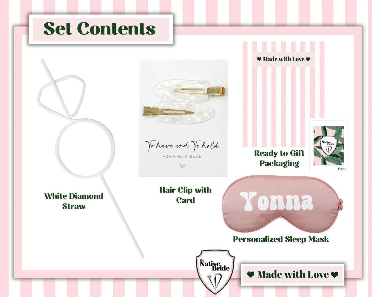 Girls Gone Mild Bachelorette Party Sleepover Gift Set with Personalized Sleep Mask, To Have and To Hold Clip Set and White Diamond Straw