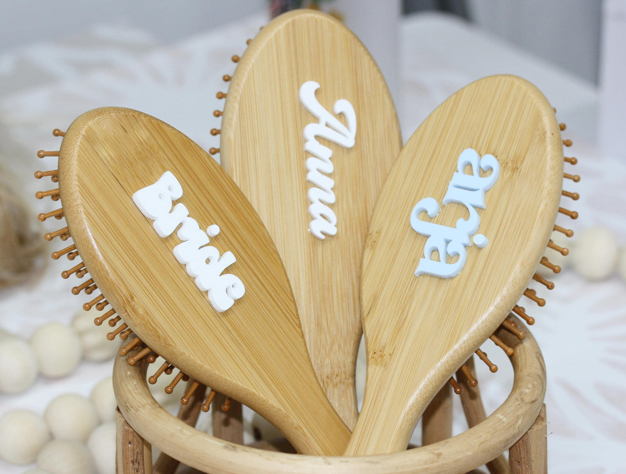 Personalized bamboo hair brush with laser cut Acrylic 3D name, Custom eco-friendly hairbrush Bridal shower Gift or Bachelorette Party Favor
