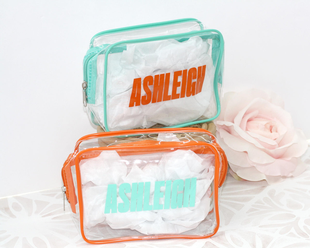 Personalized Showgirl Pouch, TSA Approved Clear Toiletry Bag, Monogram Gift, Life of a Bridesmaid bag, Party Favor, Vacation Gifts