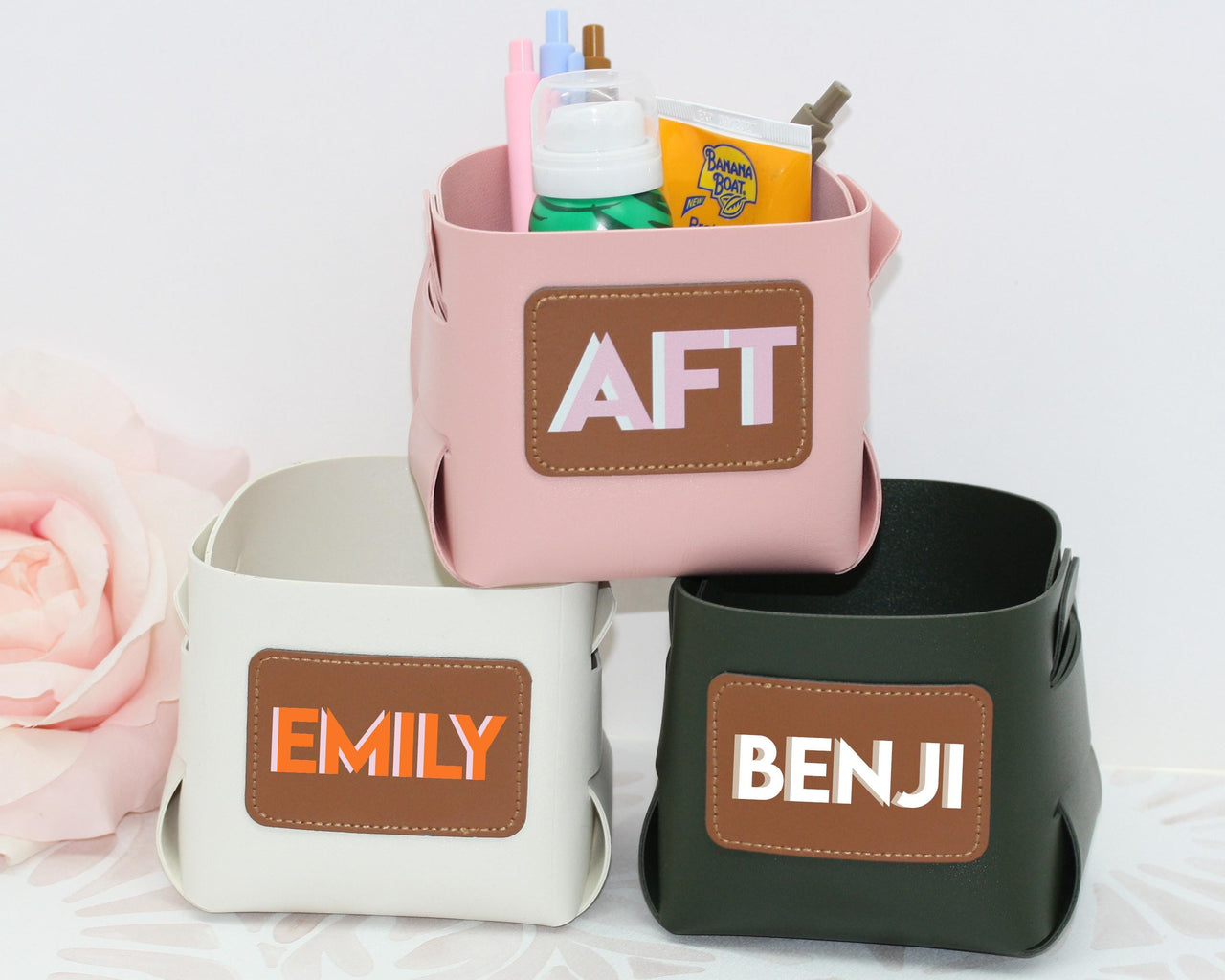 Vegan Leather Catch all Cup with Personalized Shadow Monogram Patch