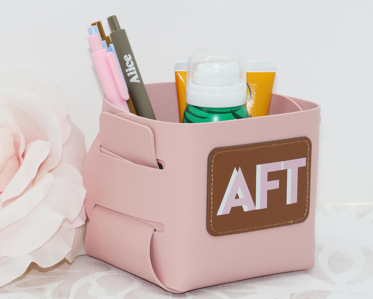 Vegan Leather Catch all Cup with Personalized Shadow Monogram Patch