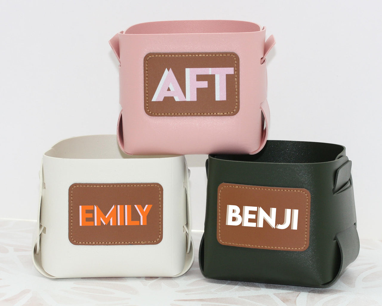 Vegan Leather Catch all Cup with Personalized Shadow Monogram Patch