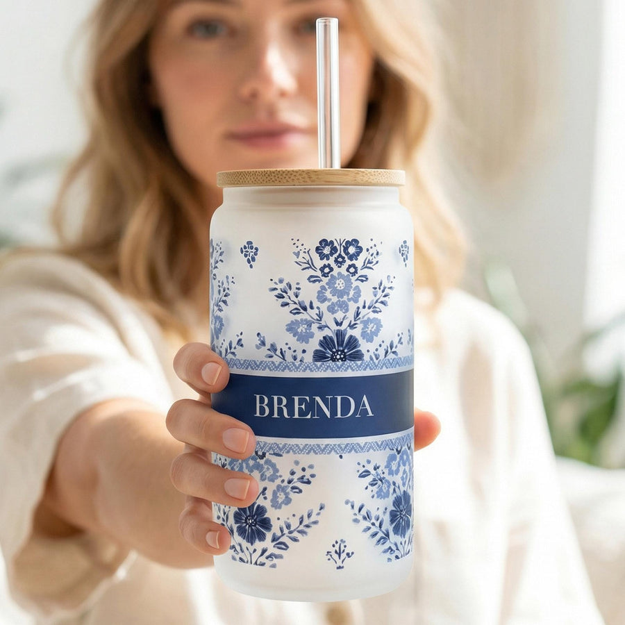 Personalized Glass Tumbler Cup in Wildflower Floral print and custom name