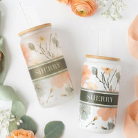 Thumbnail for Personalized Glass Tumbler Cup in Folk Floral print and custom name