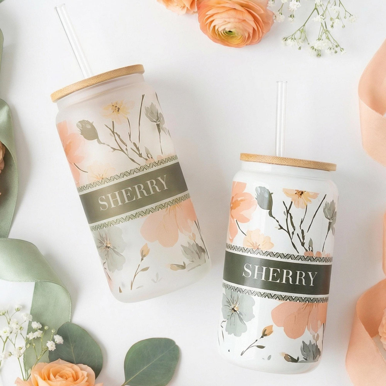 Wildflower Glass Tumbler Cup in Floral print and Personalized custom name