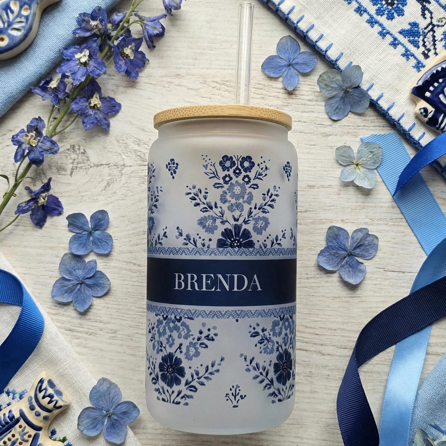 Personalized Glass Tumbler Cup in Wildflower Floral print and custom name