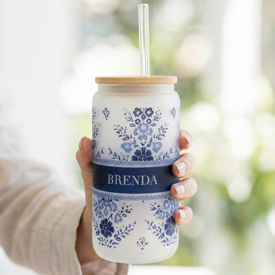 Personalized Glass Tumbler Cup in Folk Floral print and custom name