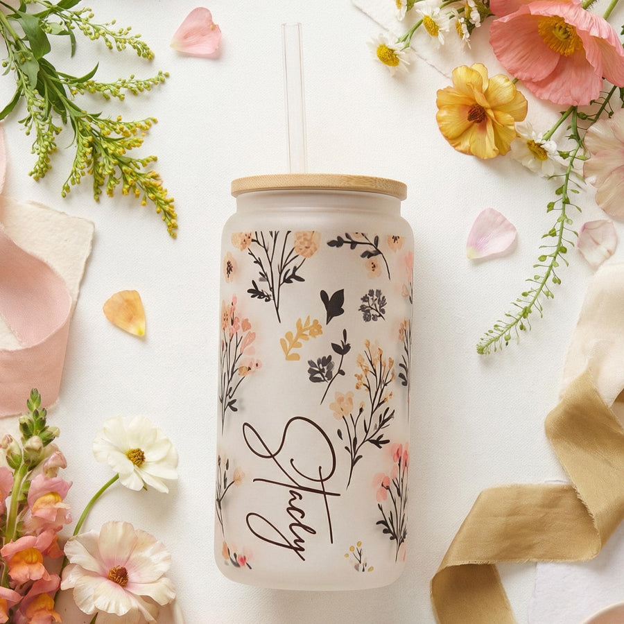 Personalized Glass Tumbler Cup in Folk Floral print and custom name