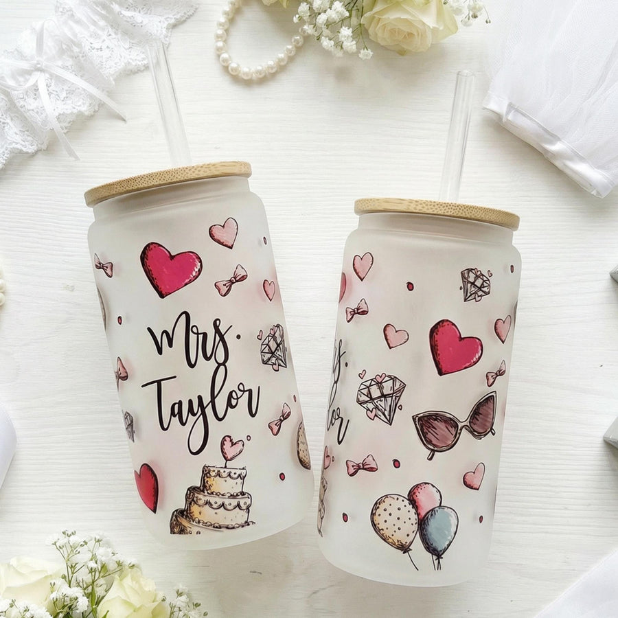 Personalized Glass Tumbler Cup with wedding theme, diamond ring, cake, balloons with New Mrs. Last Name
