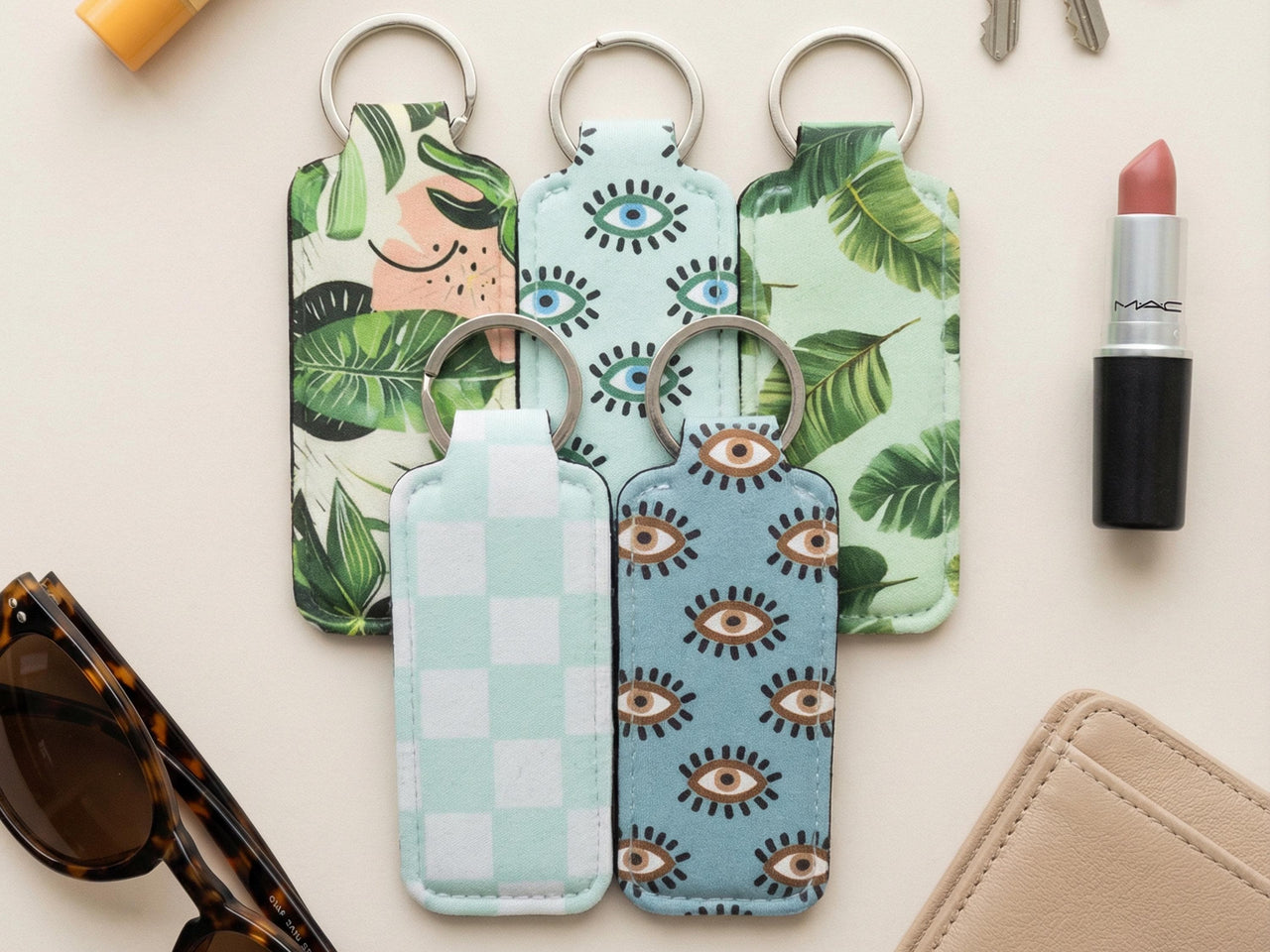 Lip Balm Holder Keychain and Wristlet in Tropical, checkered and y2k smiley face Print Options