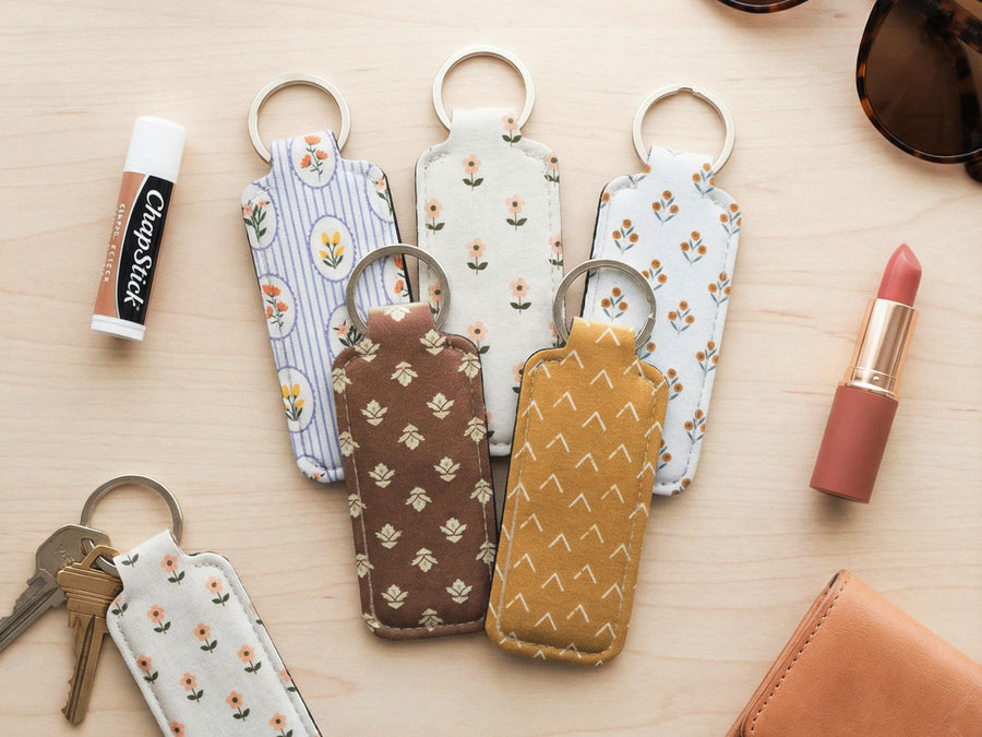 Lip Balm Holder Keychain and Wristlet Keychain in Tropical, checkered and y2k Print Options