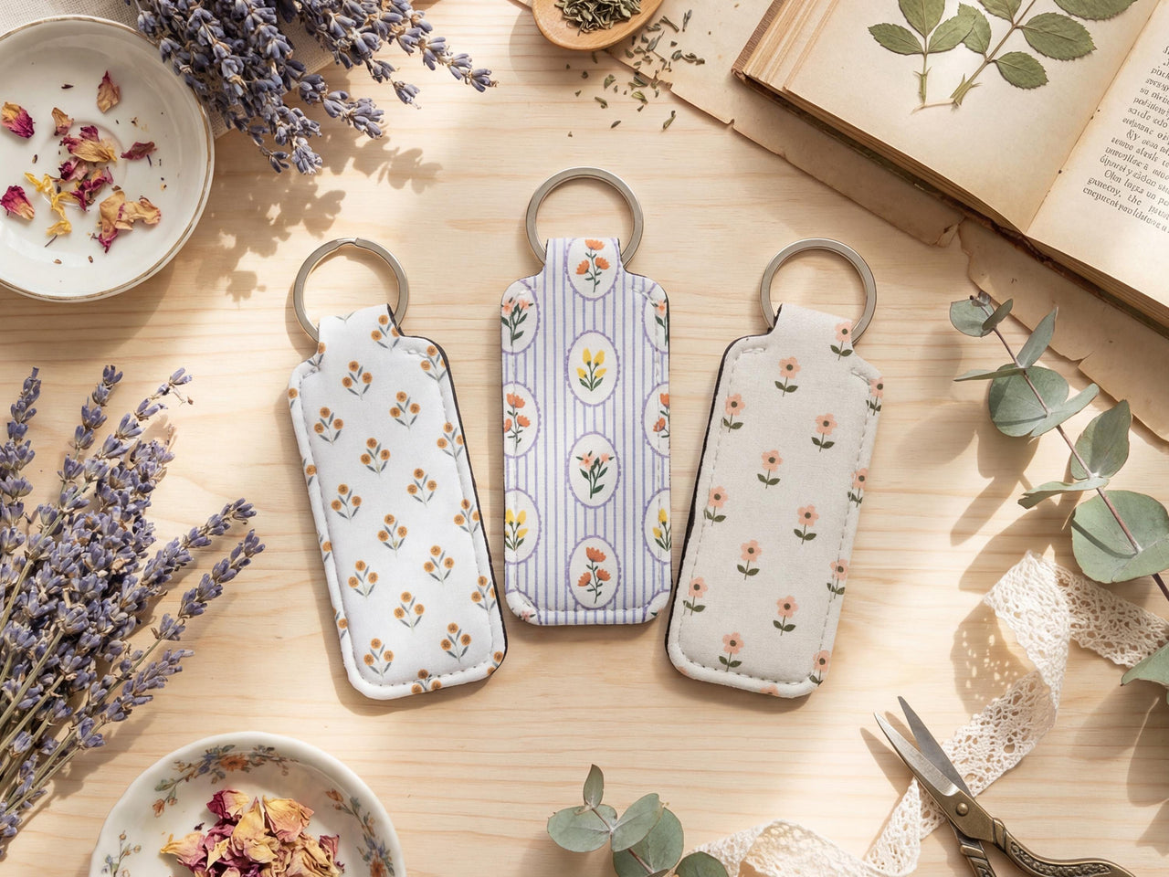 Lip Balm Holder Keychain and Wristlet Keychain in Boho Print Options