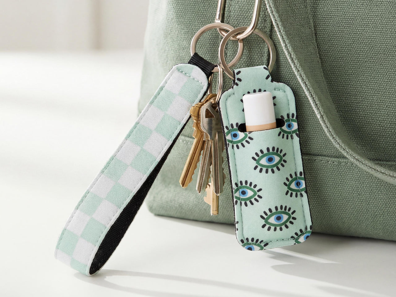Lip Balm Holder Keychain and Wristlet Keychain in Tropical, checkered and y2k Print Options