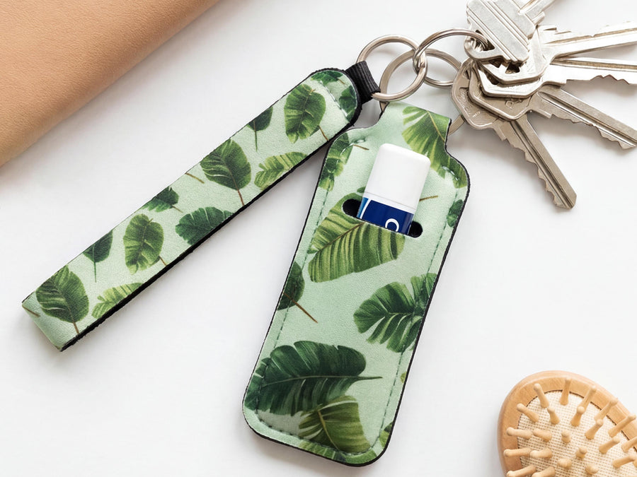 Lip Balm Holder Keychain and Wristlet Keychain in Tropical, checkered and y2k Print Options