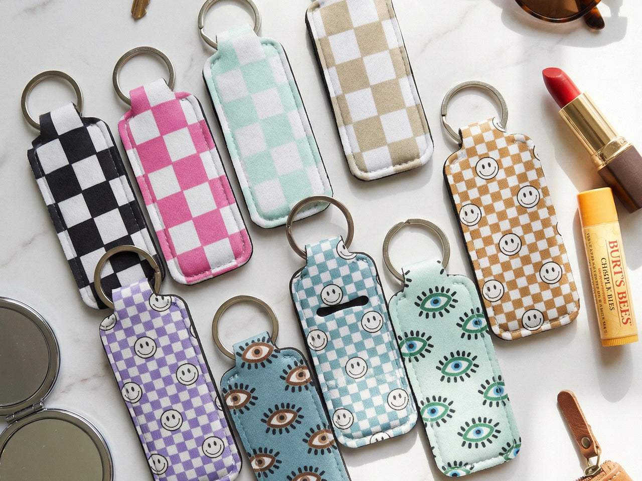 Lip Balm Holder Keychain and Wristlet Keychain in Tropical, checkered and y2k Print Options