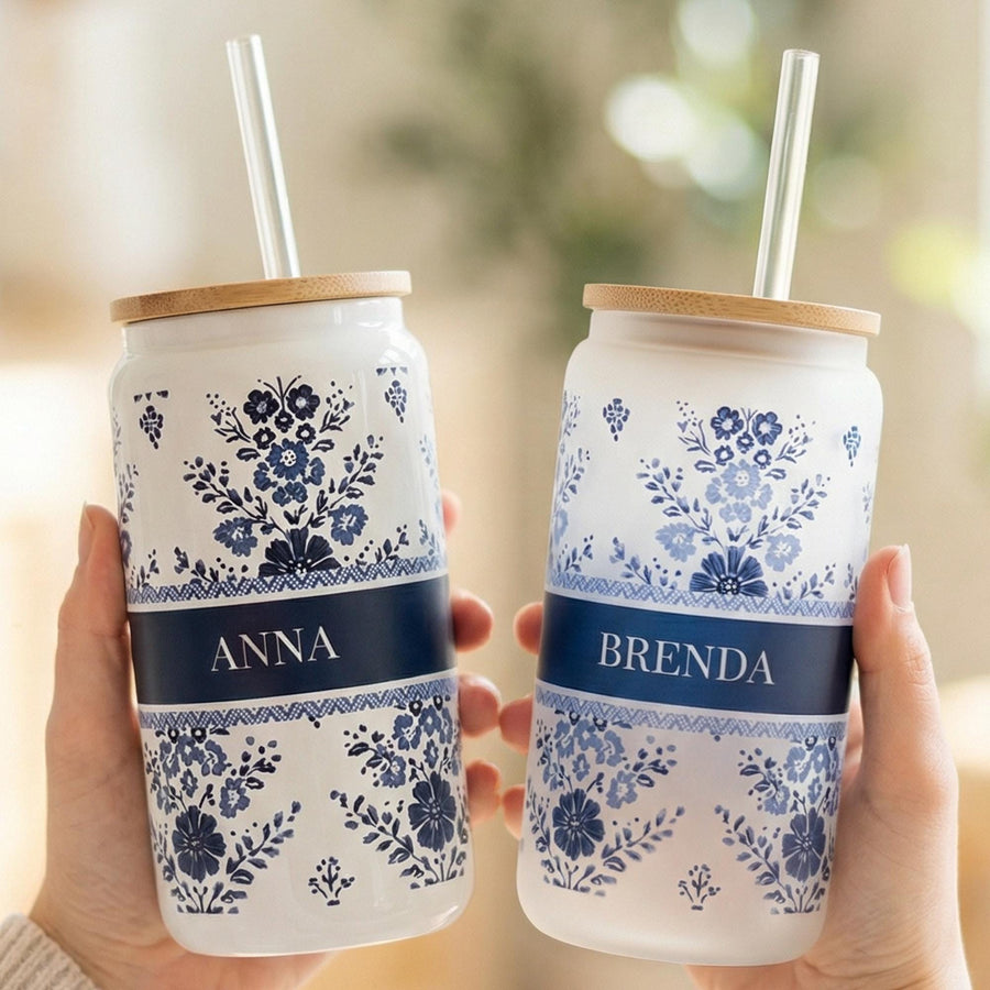 Personalized Glass Tumbler Cup in Wildflower Floral print and custom name