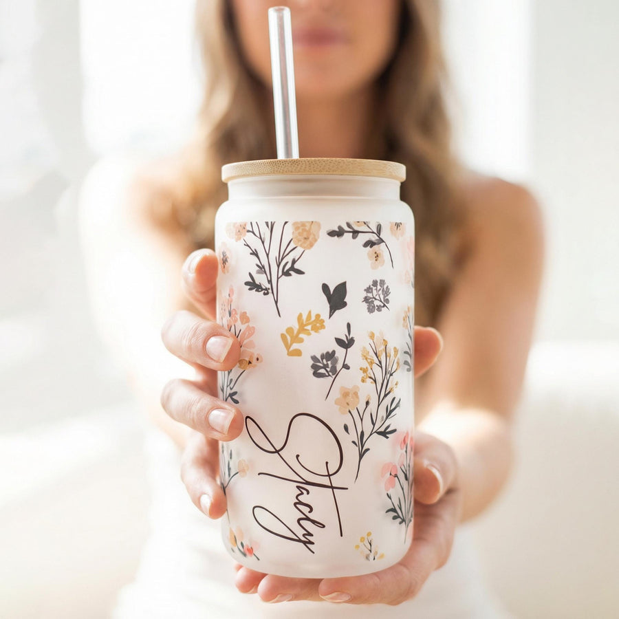 Personalized Glass Tumbler Cup in Wildflower Floral print and custom name