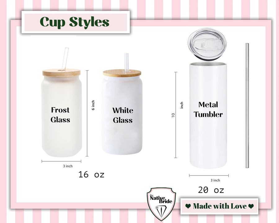 Personalized Glass Tumbler Cup with wedding theme, diamond ring, cake, balloons with New Mrs. Last Name