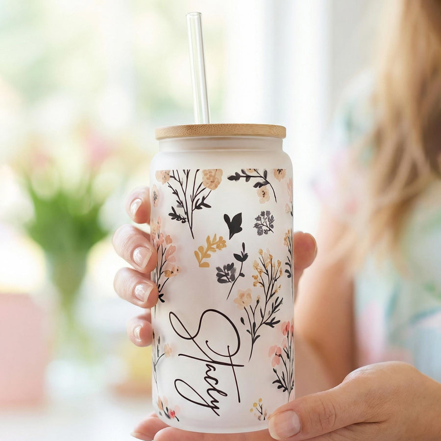 Personalized Glass Tumbler Cup in Wildflower Floral print and custom name
