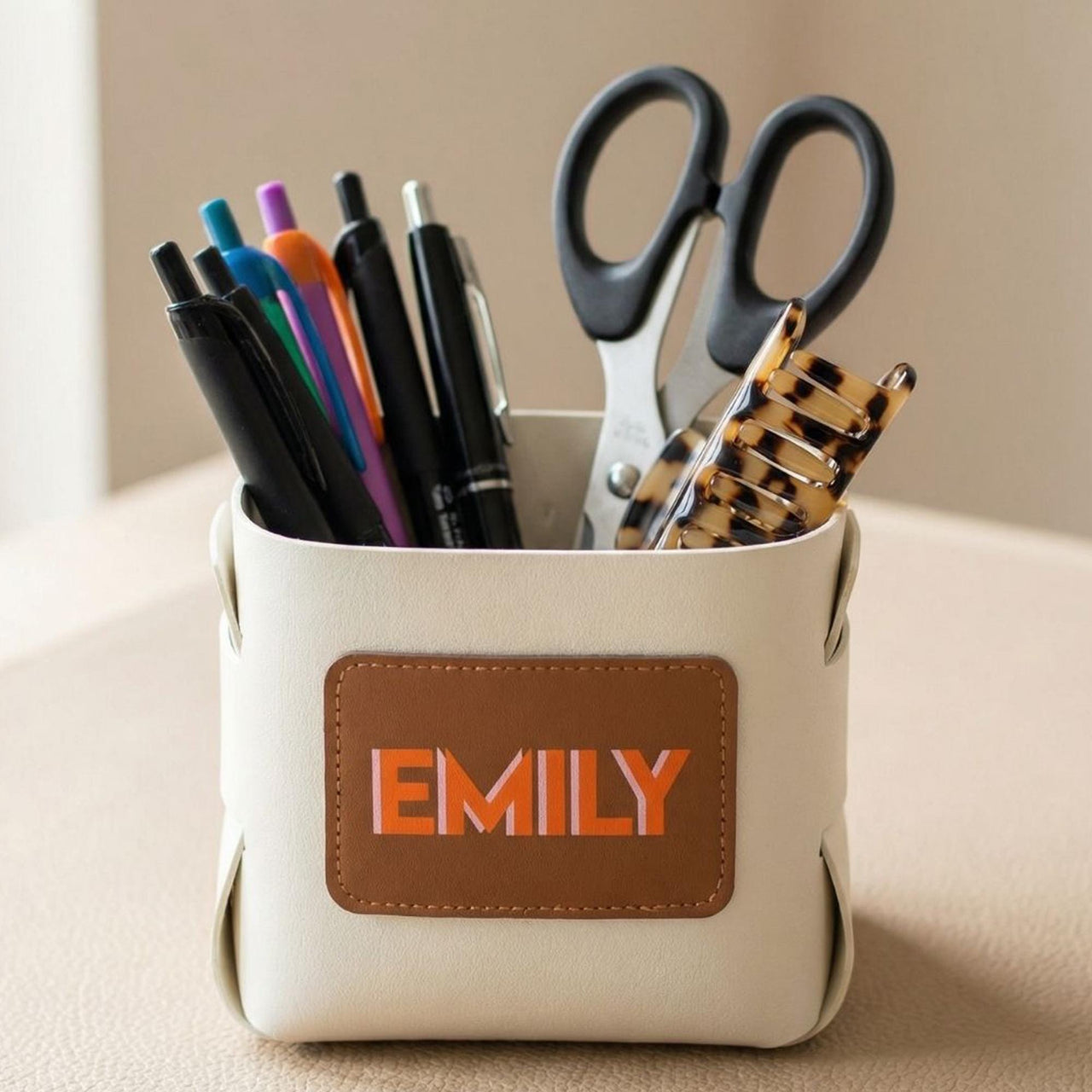 Vegan Leather Catch all Cup with Personalized Shadow Monogram Patch