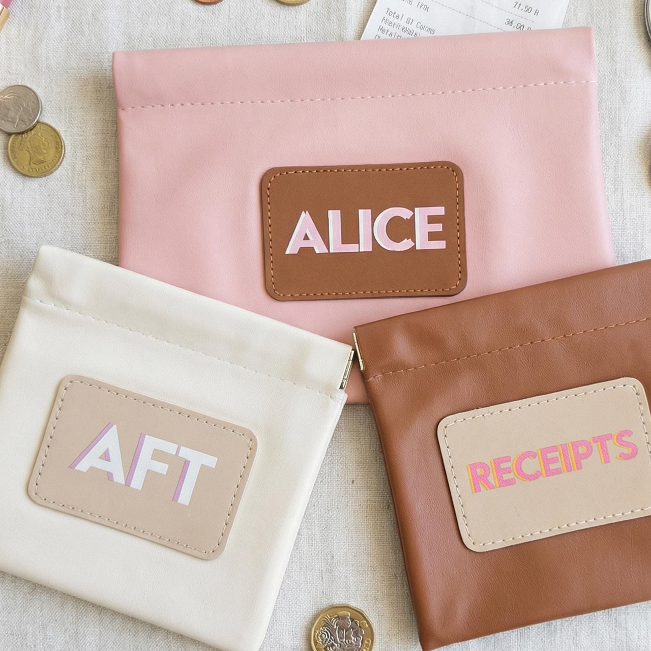 Personalized Vegan Leather Pouch with custom shadow monogram patch and self closing top