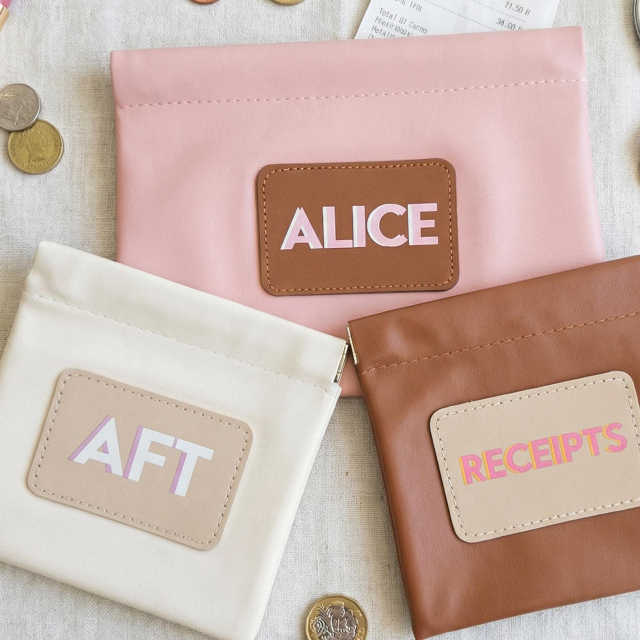 Personalized Vegan Leather Pouch with custom shadow monogram patch and self closing top
