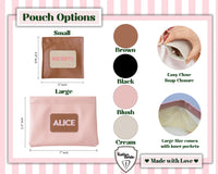 Personalized Vegan Leather Pouch with custom shadow monogram patch and self closing top