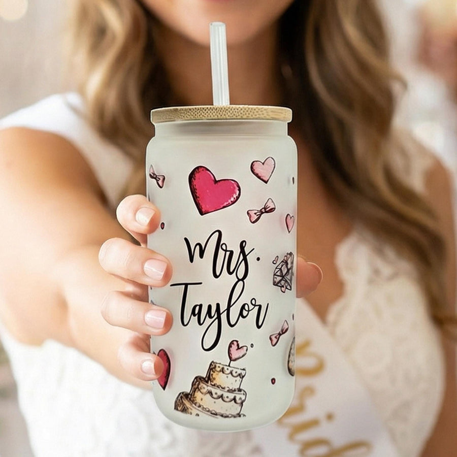 Personalized Glass Tumbler Cup with wedding theme, diamond ring, cake, balloons with New Mrs. Last Name