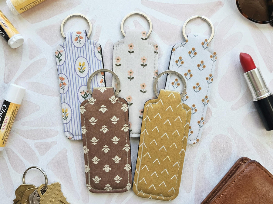 Lip Balm Holder Keychain and Wristlet Keychain in Boho Cottagecore Print Options