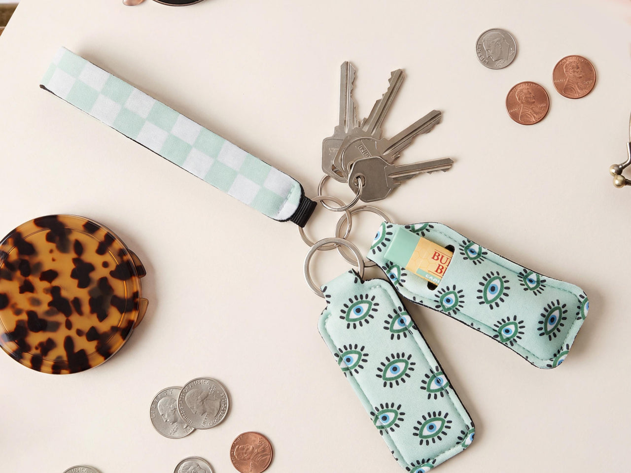 Lip Balm Holder Keychain and Wristlet in Tropical, checkered and y2k smiley face Print Options