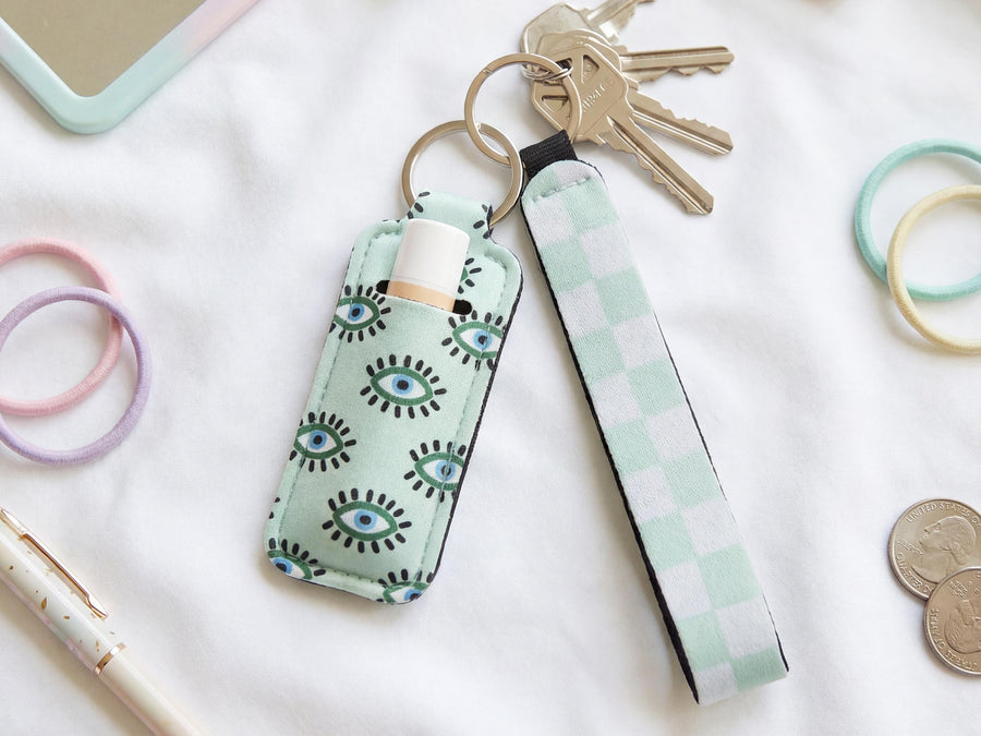 Lip Balm Holder Keychain and Wristlet Keychain in Tropical, checkered and y2k Print Options