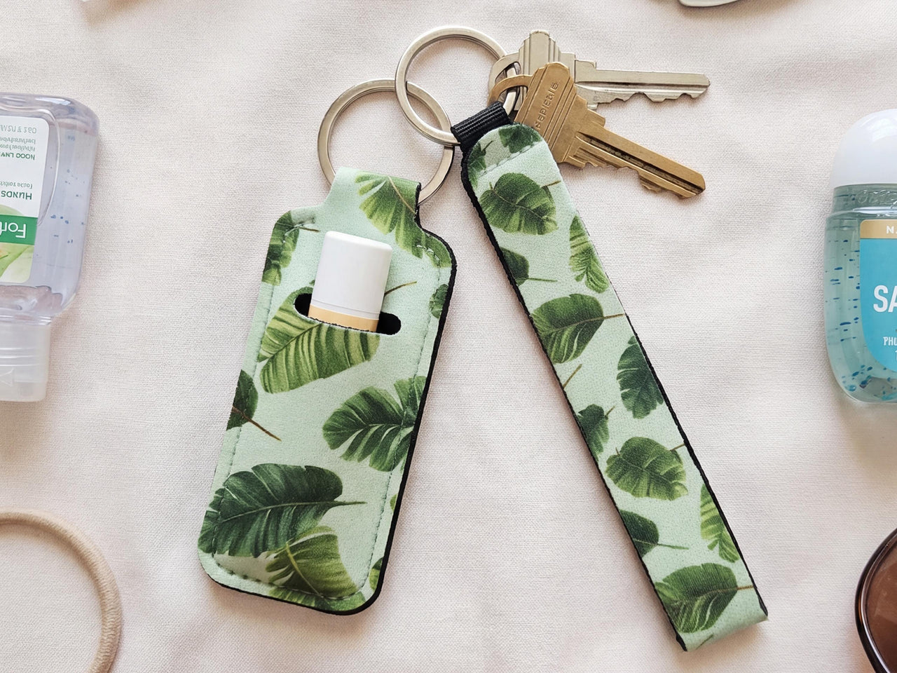 Lip Balm Holder Keychain and Wristlet Keychain in Tropical, checkered and y2k Print Options