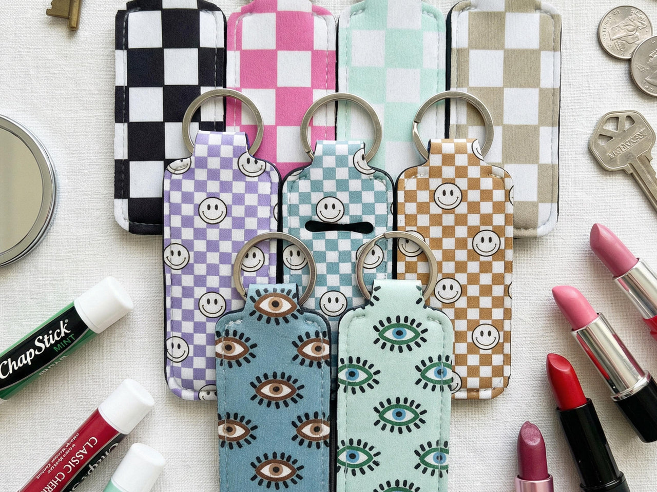 Lip Balm Holder Keychain and Wristlet Keychain in Boho Cottagecore Print Options