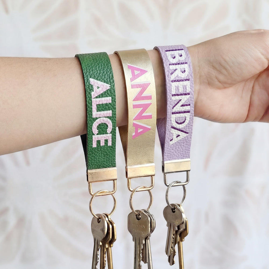 Personalized Shadow Monogram Vegan Leather Wristlet strap Keychain Key Ring Holder